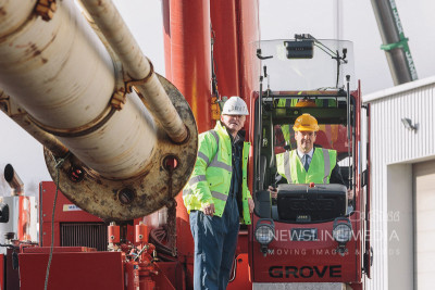 Pictured: George Osbourne takes control of a heavy lift operation at McIntosh Plant Hire with help from crane driver Davie Strachan (Photo: Ross Johnston/Newsline Media)