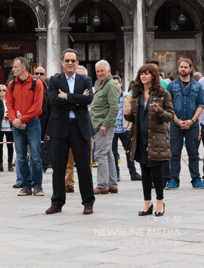 Pictured: Tom Hanks on set of his new film in Venice with British actress Felicity Jones