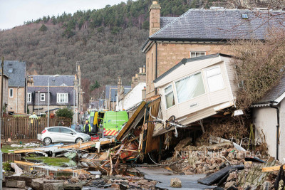 The aftermath of Storm Frank is revealed as residents of Ballater begin the clear up on New Years Eve Pictured: The aftermath of Storm Frank after floods wiped out the Caravan Park in Ballater (Photo: Ross Johnston/Newsline Media)
